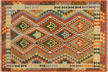 Flat Weave Kilim, Antique, Navaho, Vintage, Handmade, Geometric Kilim Beige Rust Hand-Woven Rectangle 100% Wool Area Rug 4 x 6